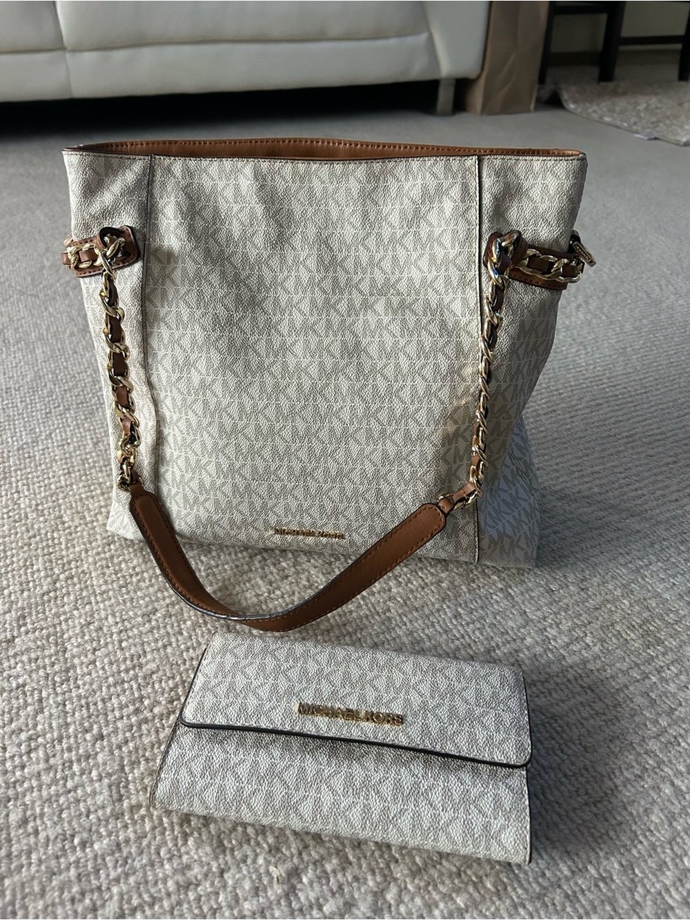 Michael Kors Cream & Brown Chain-Handle Tote with Matching Wallet